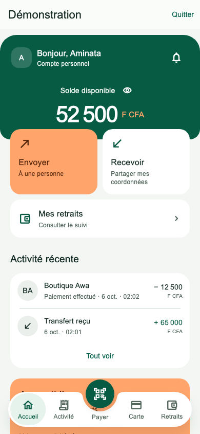 Prototype du compte personnel fictif d’Aminata, solde de 52 500 F CFA et opérations récentes.